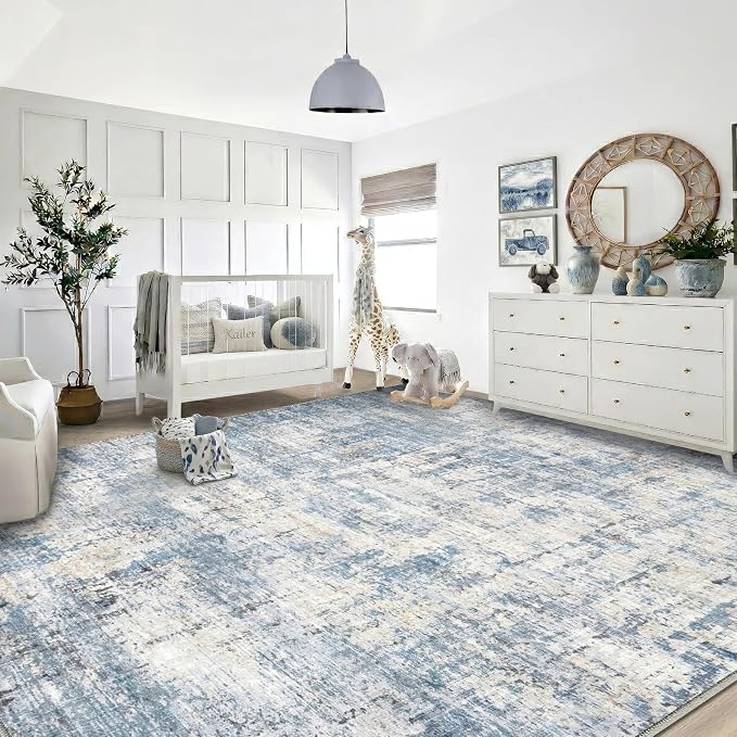 10x14 Area Rugs Washable Living Room Rug-No Slip Soft Carpets Modern Abstract Coastal Indoor Floor Stain Resistant Large Carpet for Bedroom Dining Room Farmhouse Nursery Home Office Blue