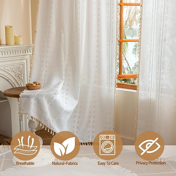 Ivory White Boho Semi Sheer Curtains 63 inch Length 2 Panel Set for Bedroom & Farmhouse, Bohemian Light Filtering Privacy Drapes Tassels Shabby Chic Embroidery Window Curtains Back Tab & Rod pocket
