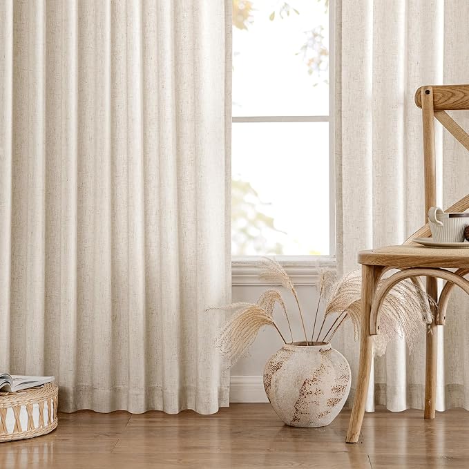 MIULEE Non-See-Through Privacy Linen Curtains 2 Panels, Light Filtering Window Curtains Farn House Textured Back Tab Semi Sheer Drapes for Bedroom Living Room, 52 x 108 Inches Long, Birch
