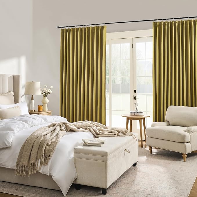 DUALIFE Mustard Yellow Pinch Pleated Blackout Curtains 90 Inches Long, Back Tab with Hooks, Linen Full Black Out Thermal Insulated Track Curtain for Bedroom Living Room,40 W x 90 L, 2 Panels