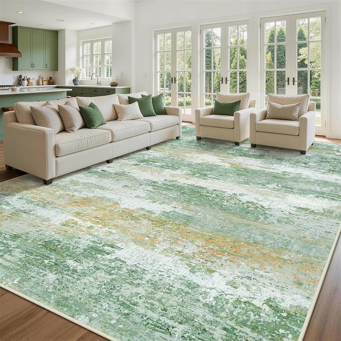 9x12 Area Rugs for Living Room Rug Washable: Abstract Large Rug for Dining Room Bedroom Carpet Non Slip 9 by 12 Indoor Modern Nursery Home Office Green