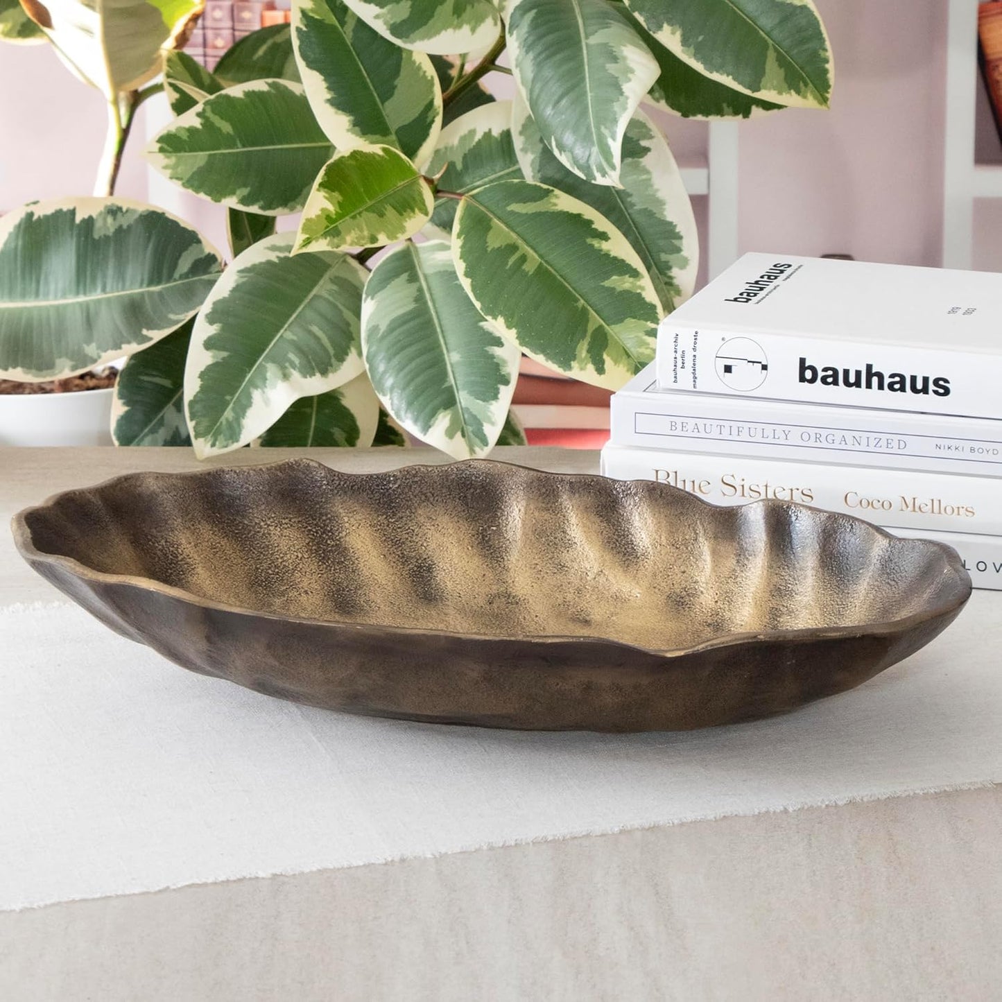 ANDALUCA Set of 2 Oval Metal Decorative Table Bowls, Bronze Finish