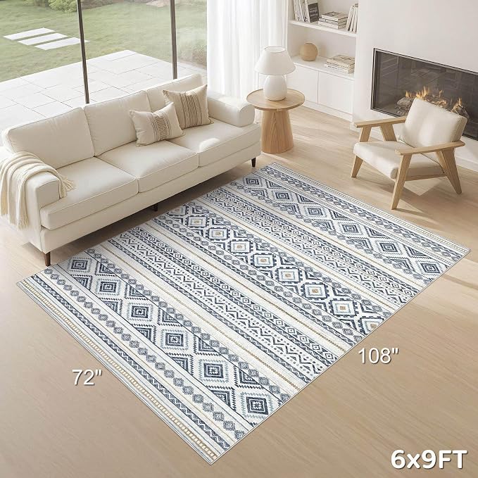 cotiled 6x9 Area Rugs Living Room Rug: Washable Boho Rugs with Non Slip Backing Large Soft Indoor Stain Resistant Carpet for Bedroom Farmhouse Dining Room Lightweight Home Decor Blue