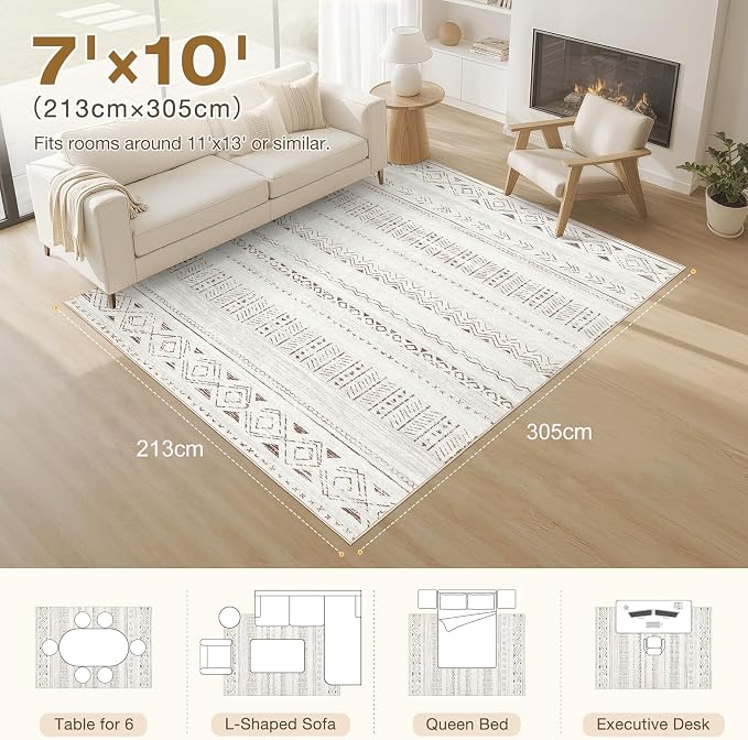 cotiled 7x10 Area Rugs Living Room Rug: Washable Boho Rugs with Non Slip Backing Large Soft Indoor Stain Resistant Carpet for Bedroom Farmhouse Dining Room Lightweight Home Decor L Brown/Cream