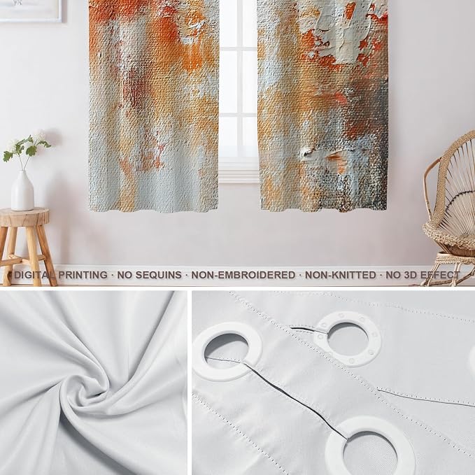 Shrahala Brushstrokes of Paint Thermal Insulated Blackout Window Curtains, Orange Grey Canvas Texture Long Drapes for Bedroom/Living Room with Plastic Grommet, 52X63 Set of 2