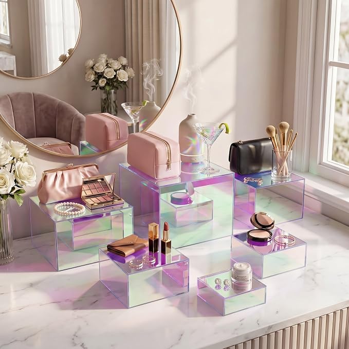 Geelin 6 Pack Acrylic Risers for Display Acrylic Cube Boxes Risers Display Stands with Hollow Bottoms Decorative Stand for Jewelry Candy Table Decor 6 Sizes (Iridescent,3 to 8 Inch,Square)