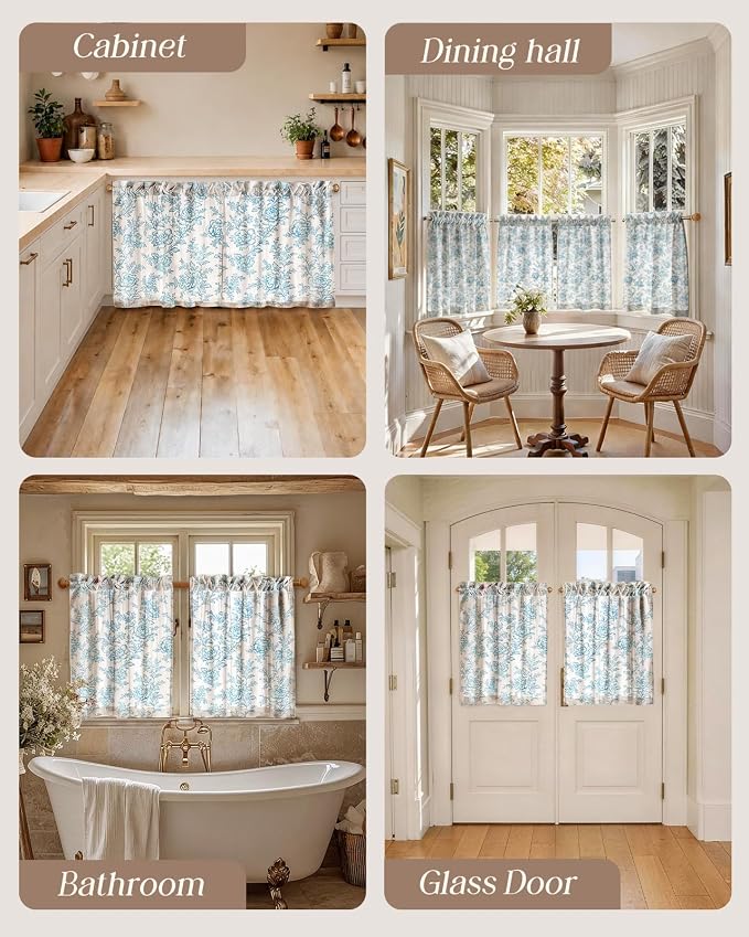 Miss Adola Farmhouse Kitchen Tier Curtains - 30 Inch Length Linen Blend Cafe Curtains Blue Floral Small Window Treatments Over Sink Rod Pocket for Bathroom Living Room Light Filtering, 2 Panels