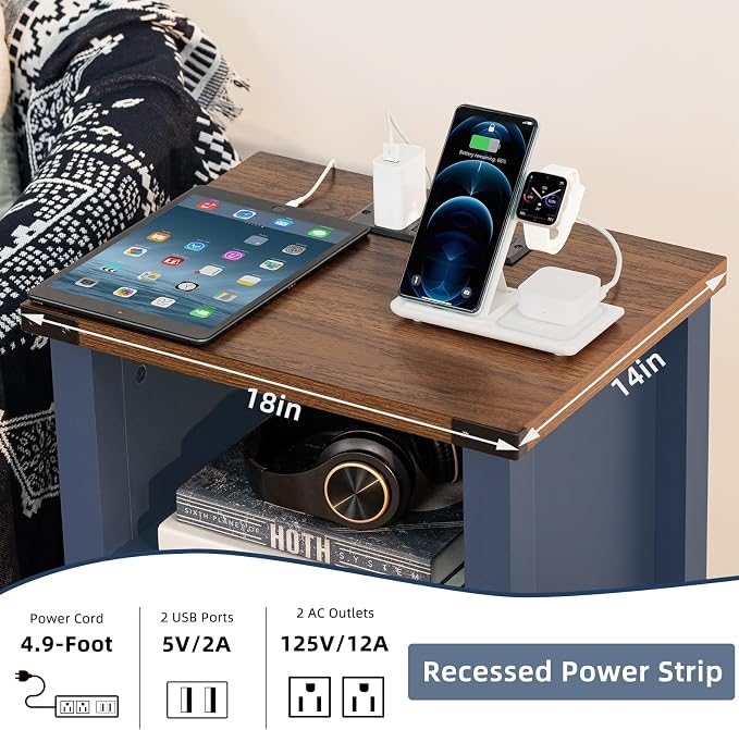 Joaxswe Night Stand with Charging Station and USB Port, 18 Inch Farmhouse Nightstand with Storage Shelf, Rustic Couch End Table with Magnetic Door, Wood Bed Side Tables for Bedroom, Home, Nayv Blue