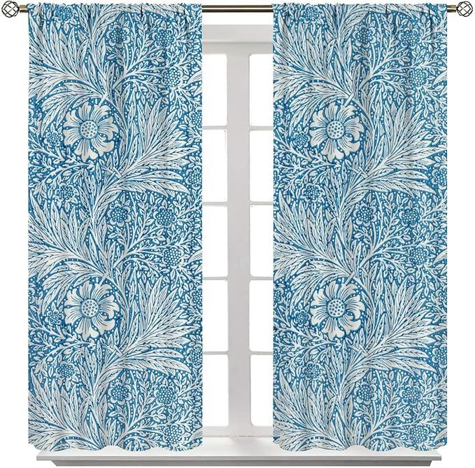 Bohe Vintage Floral Blackout Windows Curtains, William Morris Original Design Blue Flower Pattern Rod Pocket Curtains, for Living Room Bedroom 42(W)*84(L) 2 Panels
