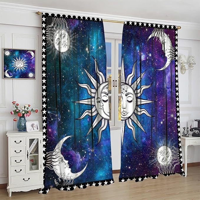 Sun Moon Blackout Curtains, Abstract Bohemian Cosmos Night Sky Galaxy Moon Sun Window Drapes, for Bedroom Living Room 55" W X 63" L