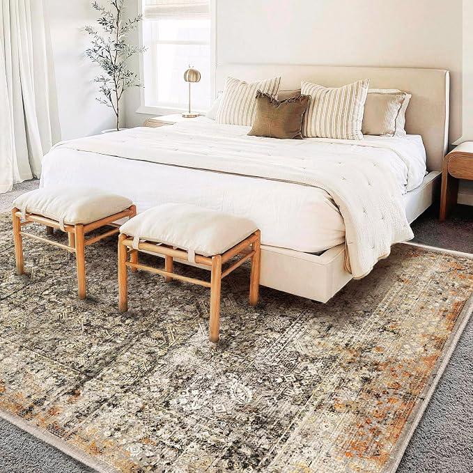CHAMPLANT 5'x7' Washable Area Rug Vintage Traditional Floor Cover Foldable Thin Kitchen Accent Indoor Distressed Non Slip Carpet Floral Print Mat for Bedroom Living Room Bathroom