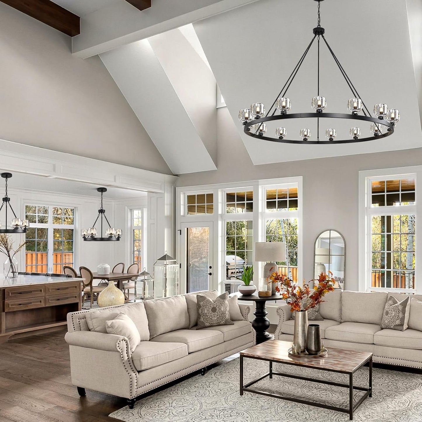 Black Wagon Wheel Chandelier, 59 Inch Black Chandeliers with Unique Glass Shade, 15-Light Crystal Large Wagon Wheel Chandeliers for Dining Room, High Ceiling Round Chandelier for Living Room, Foyer