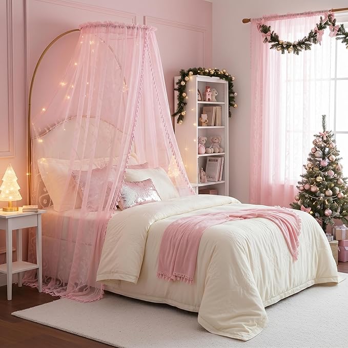 WAZZIO Boho Lace Curtains 63 Inch 2 Panels -Sheer Panel Drape Floral Pattern & Tassel Light Filtering Privacy for Bedroom Dining Living Room,Princess Pink Girl Bedroom Decor,Pale Pink,W52 x 63L
