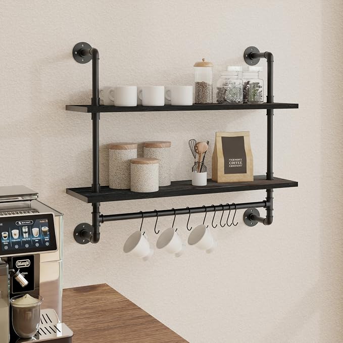 ROGMARS Industrial Pipe Shelving Pine Wood Floating Shelves for Wall | 30 inch Kitchen Wall Mounted shelves Bathroom Shelves with Towel Bar Coffee Bar Shelf with Hooks for Living Room Bedroom
