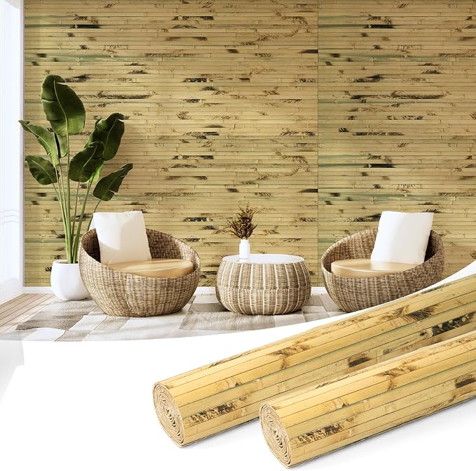 Art3d Natural Bamboo Wall Panel for Interior Wall Decor, Renewable Pole Wrap Wainscoting Paneling for Wall Ceiling Furniture Cabinet Office, 48 x 96 Inch, 2-Pack - Light Burned