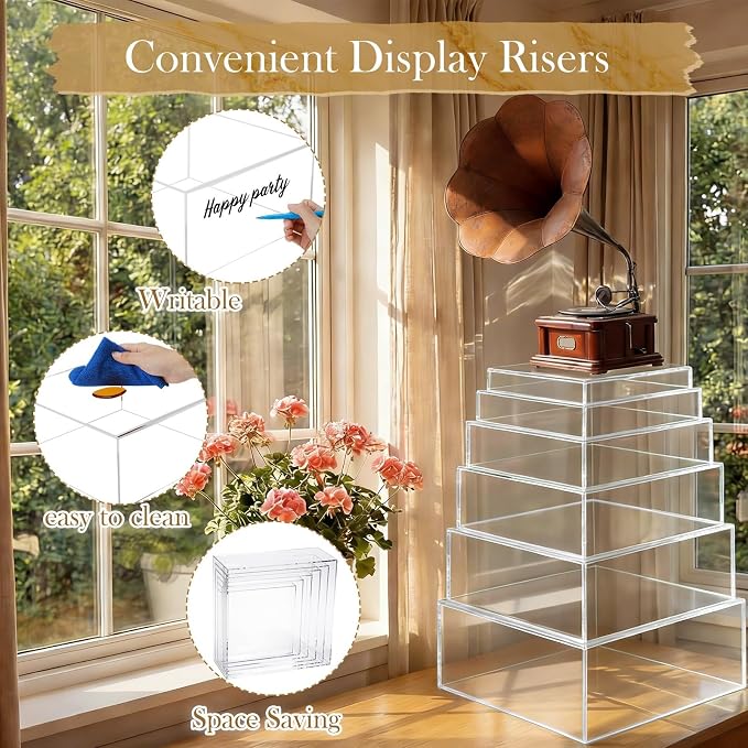Geelin 6 Pack Acrylic Risers for Display Acrylic Cube Boxes Risers Display Stands with Hollow Bottoms Decorative Stand for Jewelry Candy Table Decor 6 Sizes(Clear,10 to 15 Inch,Square)