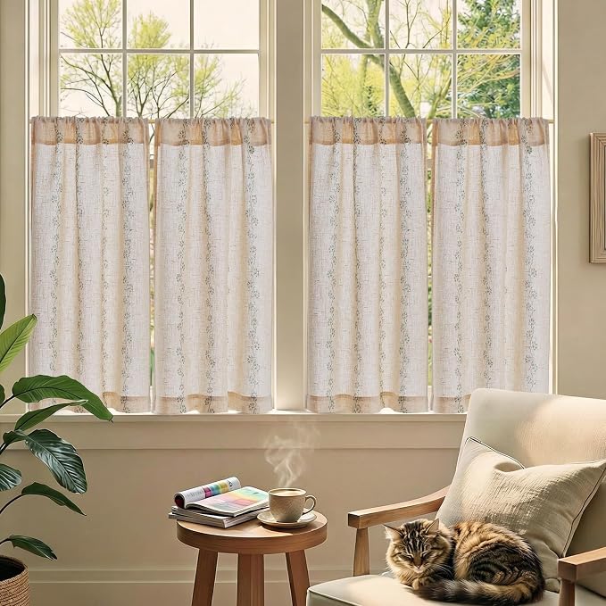 jinchan Katy Linen Floral Kitchen Curtains 36 Inches Length Stripe Cafe Curtains Farmhouse Cottagecore Tier Small Window Drapes for Living Room Light Filtering Rod Pocket 2 Panels Sage Green on Linen