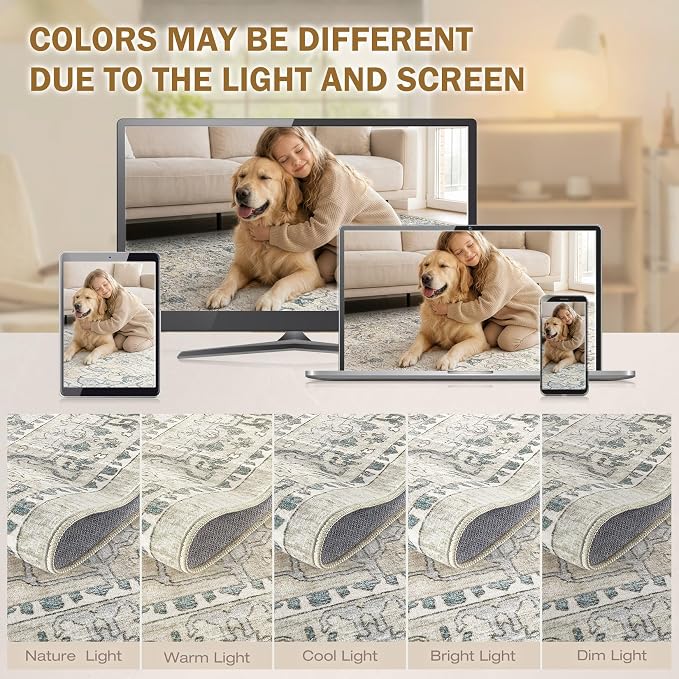 cotiled 8x10 Area Rug Machine Washable Vintage Carpet for Living Room Bedroom Soft Non-Slip Backing Floor Mat Kid & Pet Friendly Stain Resistant Green