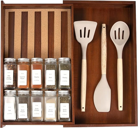 KitchenEdge Spice Drawer Organizer with Expandable Storage. Holds up to 15 Spice Jars (Not Included), Non-Slip Feet, Kitchen Accessory Storage, 100% Sustainable Bamboo Wood (Natural Acacia)