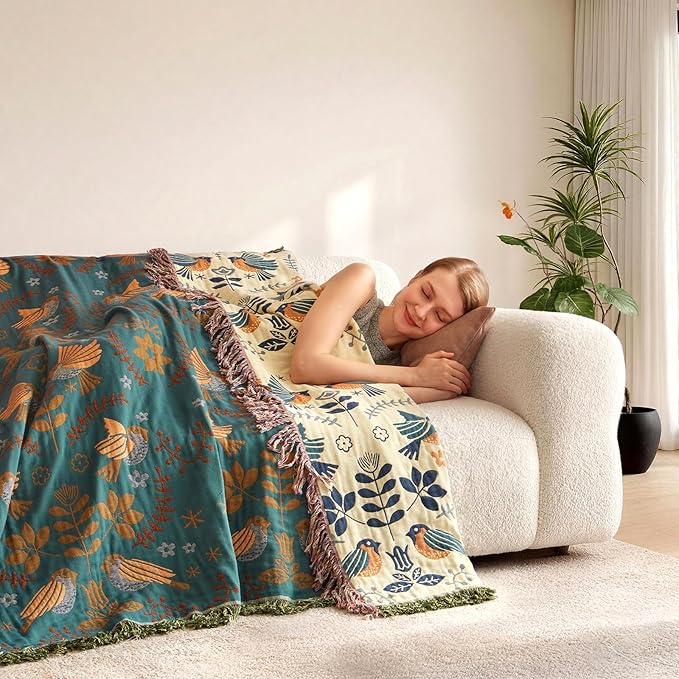Queen Throw Blanket for Bed 100% Cotton Boho Soft Quilt Birds and Floral Double Embroidery Spring Breathable Bed Blanket,90"x90" Lightweight All Season Blankets for Bedding Couch Home Decor