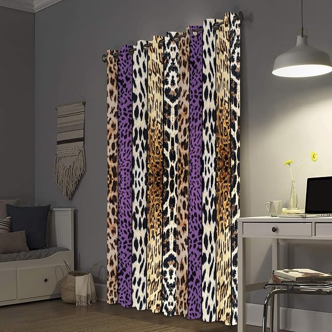 Wild Animal Print Curtain, Room Darkening Thermal Insulated Blackout Leopard Boa Window Drapes with Grommets for Living, Dining, Bedroom, Purple Leopard Print, 42"x 96", 2 Panels