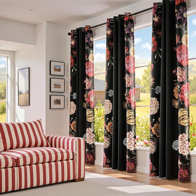 jinchan Hannah Floral Blackout Curtains with Retro Vintage Black Boho Flower Print Drapes for Bedroom Living Room Fall Decor Window Curtains Room Darkening 96 Inches Length 2 Panels Set with Grommet