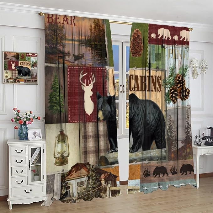 Vintage Bear Blackout Curtains Countryside Mountains Farmhouse Forest Hunting Lodge Lake Pine Cones Wild Deer Bear Animals Windows Treatments Rod Pocket for Kitchen Living Room Bedroom 42x63in