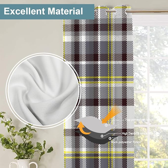 Shrahala Grunge Vintage Art Plaid Blackout Window Curtains, Tartan Grey Thermal Insulated Curtains Grommet Top Window Drapes for Living Room, Bedroom (2 Panels,52 x 84 in)