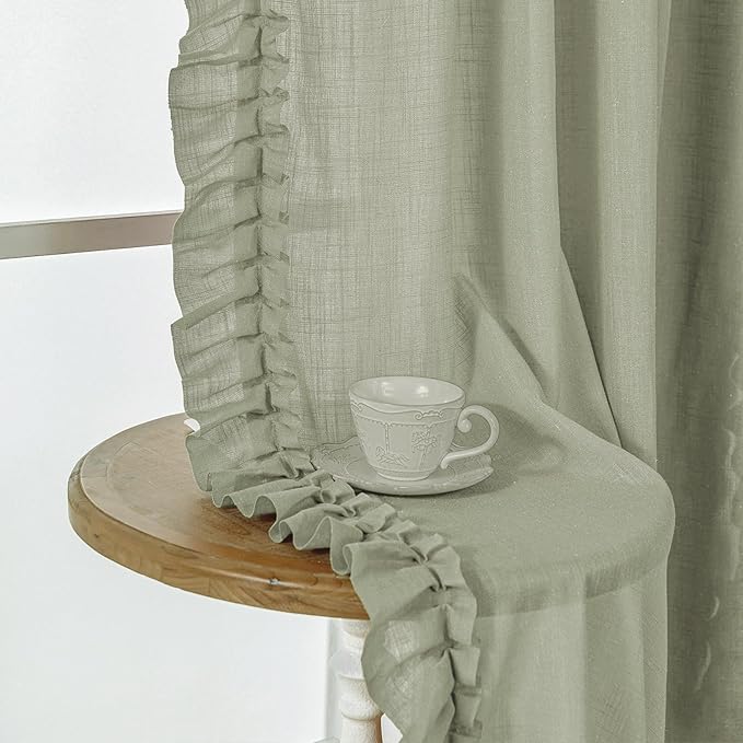 Light Sage Green Ruffled Curtains 96 Inches Long 2 Panels, Each W58 x L96 In, Linen Textured Cottage Curtains for Living Room Bedroom Rod Pocket Privacy Semi-Sheer Farmhouse Boho Flowy Curtain Drapes