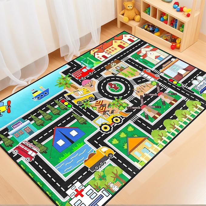 Car Rug Play Mat - Road Rug for Boys Room, Fun Race Track Traffic Road Carpet for Boys Playmat Educational Learn, Car Carpet for Room Decor Playmat Bedroom Playroom, 5x7 Feet