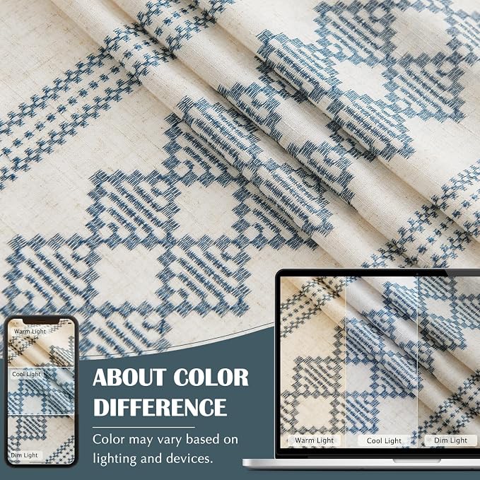 jinchan Boho Curtains Linen Blend Beige Farmhouse Curtains 96 Inches Long for Living Room Blue Square Embroidered Bordered Back Tab Bedroom Window Light Filtering Bohemian Drapes 2 Panels