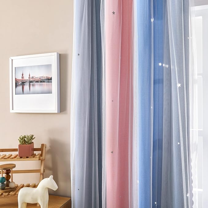XiDi Curtains for Bedroom Decor, Rainbow PinkGreyBlue-34-54
