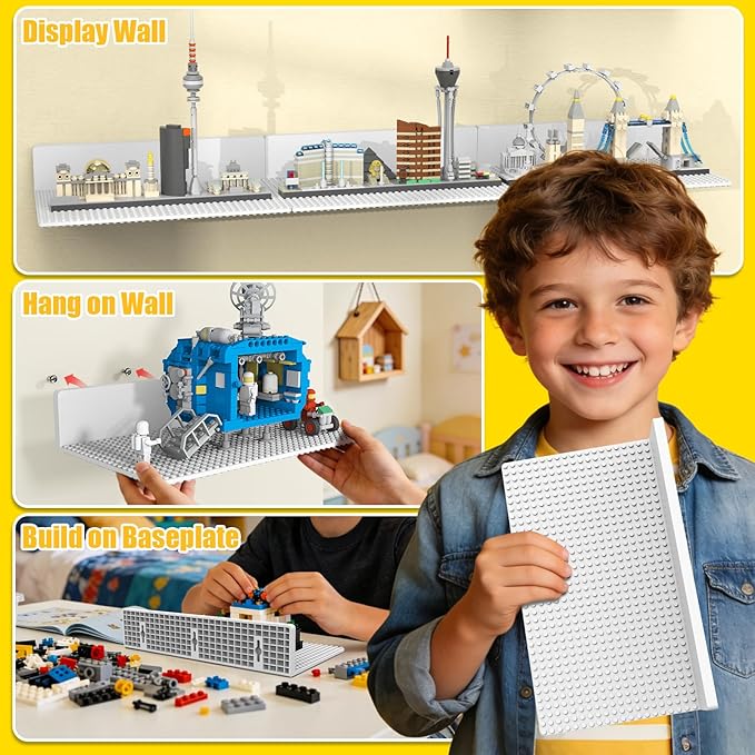 BlissBox 8-Pack Large Display Shelves for Wall Compatible with Lego Building Bricks, 11.3x6.3inch Dual-Sided 36x20 Studs for Brick Display and Storage, for Medium & Large Brick Builds, White