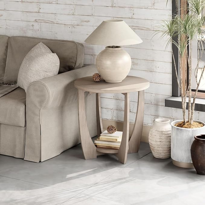 COZAYH Rustic Farmhouse End Table with Storage Shelf, French Country Modern Round Accent Side Table for Small Spaces, Vintage Grey Finish