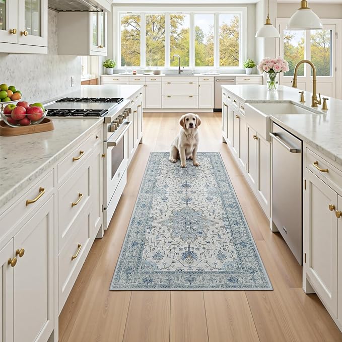RELEANY Area Rugs Runner 2'x5' Washable Non-Slip, Floral Vintage Distress Medallion Carpet for Kitchen Hallway Bedroom Beside Laundry Room Bathroom, Light Blue Navy Gray White