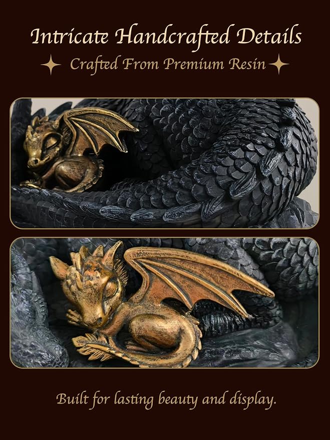 Stylor Black Dragon Statue Decor - Black & Golden Dragon Duo Figurine Bookshelf Decor, Hand-Painted Fantasy Gift for Bookish Book Lovers, Resin Mythical Sculpture Aesthetic Room Decoration
