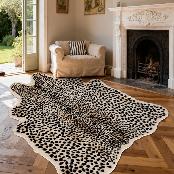 Leopard Print Rug, Cheetah Rugs 5.2x6.8ft Large Faux Cowhide Hide Skin Rug Animal Cheetah Printed Area Rug Carpet for Bedroom Livingroom Home Office