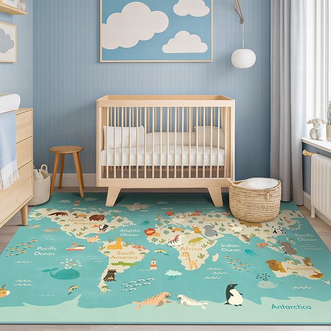 Washable 4x6 Kids Rug for Playroom – Educational Large Area Rug for Children, Toddlers, Non Slip Backing & Soft - Cute Animal, Featuring Continents World Map Carpet for Bedroom or Reading Corner