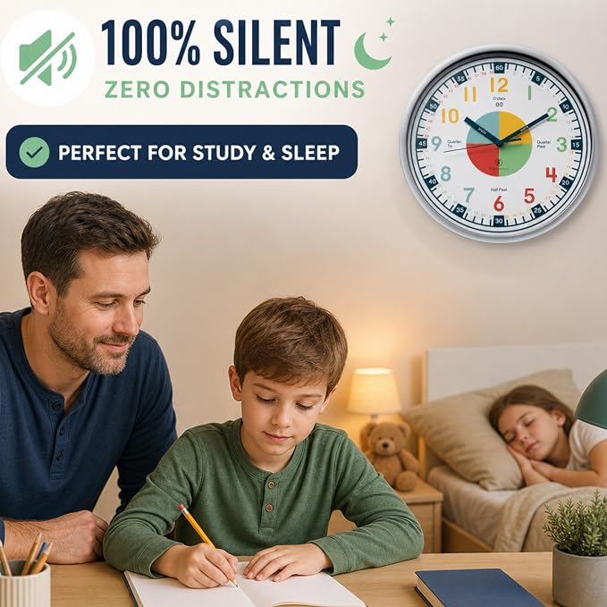OWLCONIC Clock for Kids – Educational Analog Learning Wall Clock, Non Ticking Teaching Clock for Classroom & Homeschool, Silent Kids Bedroom Décor Multicolor