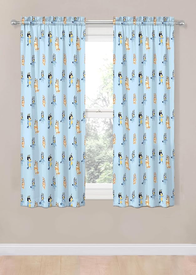 Jay Franco Window Curtains for Kids Bedroom 4-Piece Drape Set with 2 Tiebacks, Blue - Bluey & Bingo, 42" W x 63" L (Pack of 2)