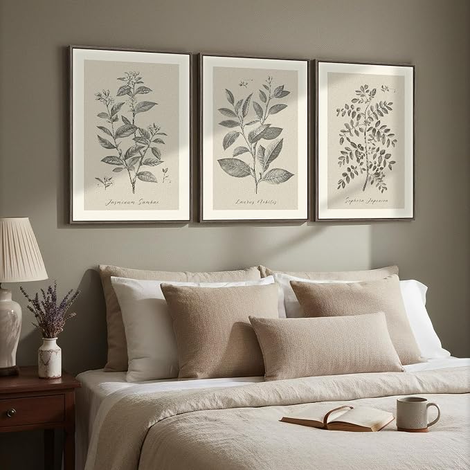 Framed Vintage Botanical Wall Art for Dining Room, 3 Piece Neutral Floral Plants Canvas Painting Prints Artwork, Rustic Flowers Pictures for Farmhouse Living Room Bedroom Kitchen Home Decor, 16x24 In
