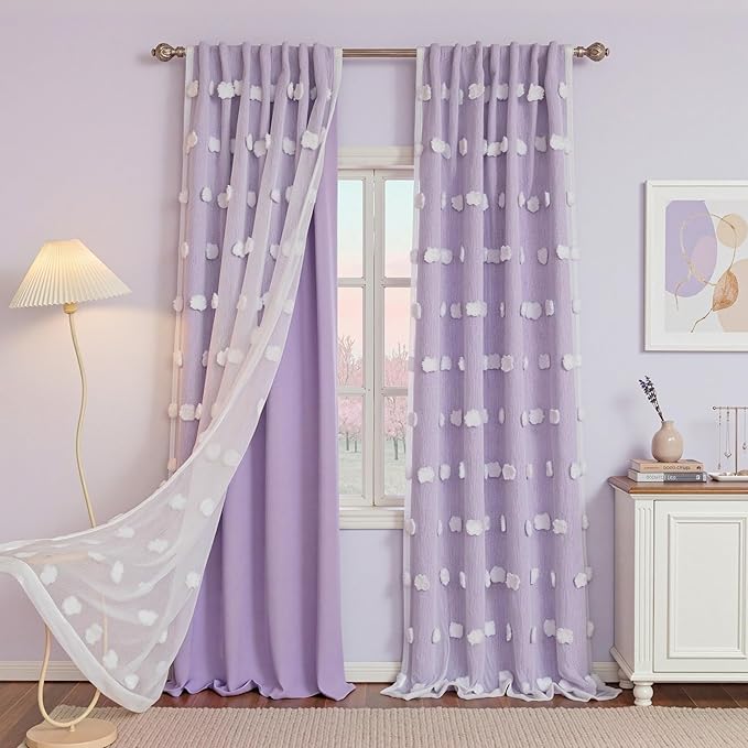 MYSKY HOME Purple Curtains with White Sheer Pom Pom for Living Room Kids Bedroom Blackout Curtain for Sliding Door Decor Drapes Double Layer Window Panels Back Tab Set of 2, Lilac, W52 X L95
