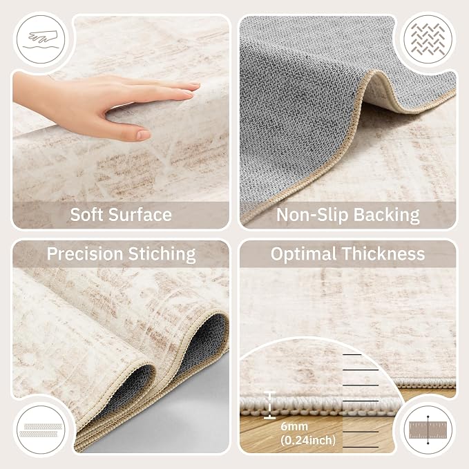 Soalmost 6x9 Area Rugs for Living Room, Washable Neutral Rug Beige Ivory | Vintage Floral Soft Stain Resistant Non-Slip Low Pile Thin Carpet for Dining Room Bedroom Kitchen Home Office Nursery 6'x9'