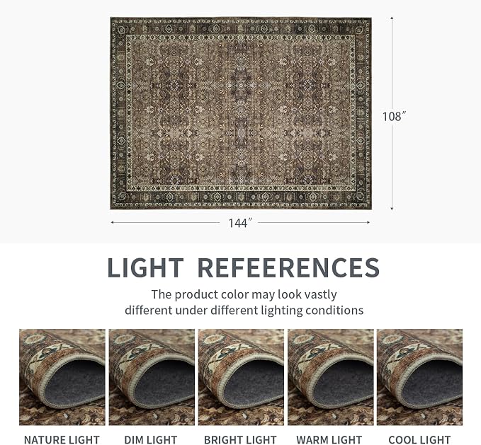 9x12 Vintage Washable Area Rug for Living Room,Non Slip Boho Carpet Non-Shedding Large Area Rug Soft Indoor Stain Resistant Rug Floral Print Mat for Bedroom Dining Room Brown Floral