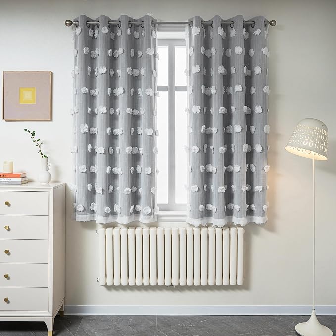 MYSKY HOME Grey Curtains for Bedroom 63 Inch Long Curtains for Kids Room Double Layer Nursery Curtains White Pom Pom Sheer Dining Room Grommet Room Darkening Window Curtains 2 Panels Set, 52 x 63 in