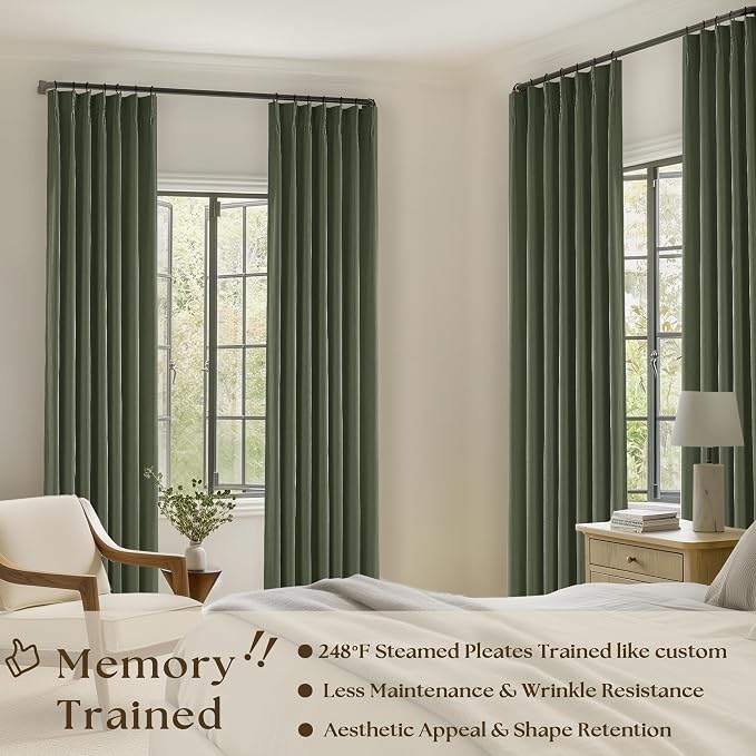 Olive Green Pinch Pleated 100% Blackout Linen Curtains for Bedroom 84 Inch Length Room Darkening with Liner Dark Green Window Curtains 84 Inches Long for Living Room Black Out Pleat Drapes Back Tab