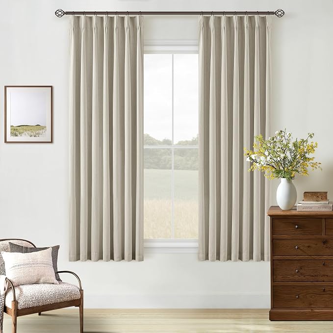 Beige Black Out Curtains 63 Inch Long for Bedroom Pinch Pleated with Rings Hooks Back Tab Thermal Insulated Short Linen Blackout Drapes Farmhouse Living Room Darkening Kitchen Oatmeal Tan Curtains