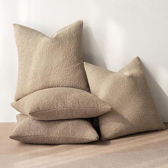 MIULEE Pack of 4 Decorative Textured Boucle Throw Pillow Covers | 18x18 Inch Camel Accent Solid Pillow Cases Soft Couch Cushion Covers for Modern Farmhouse Boho Sofa Bed Livingroom Home Decor