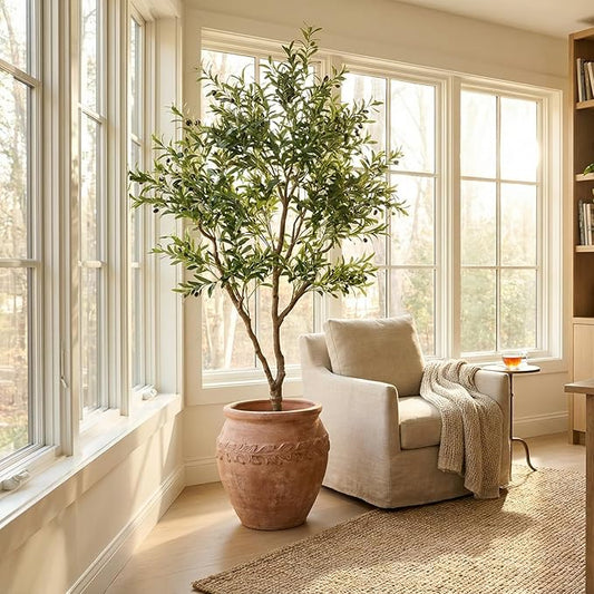 Artificial Olive Tree 7ft with Realistic Leaves, Dewdrops and Olives, Full and Grand Design Faux Tree with Sturdy Base for Indoor Outdoor Office Decor (Without Dewdrops)