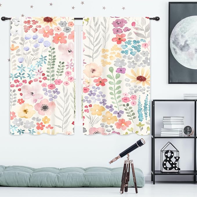 Riyidecor Colorful Floral Curtains Pink Cute Boho Wildflower Trendy Watercolor Plant Leaves Botanical Rod Pocket Pretty Aesthetic for Girls Bedroom Living Room Treatment Fabric 2 Panels 42Wx63H Inch